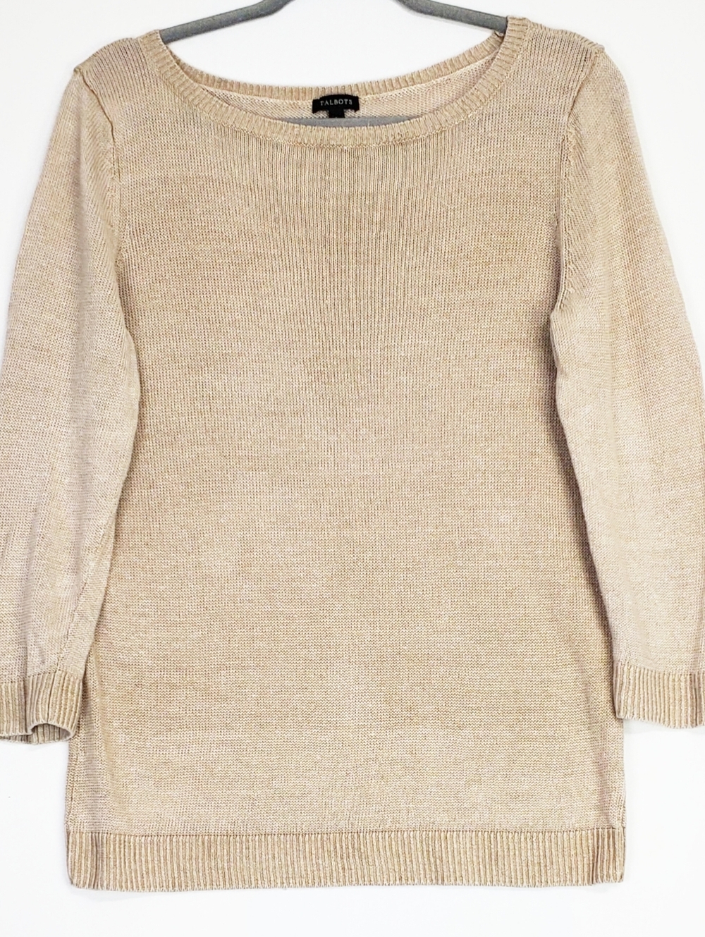 Talbots Large linen knit sweater top 3/4 sleeves pullover beige boat neck layer